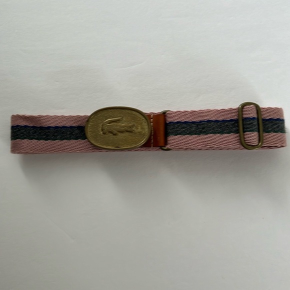 LACOSTE IZOD VTG SOLID BRASS LOGO BUCKLE ADJUSTABLE STRIPE WOOL BELT ENGLAND - Picture 4 of 4